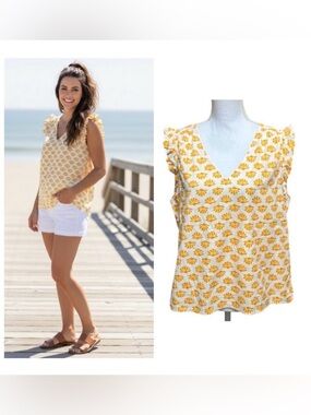 NWT J.Crew Vneck Top white with orange shells and ruffle details sleeveless L